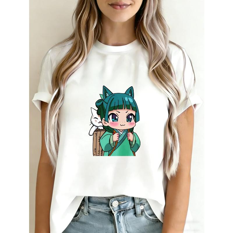 Roztomilá anime dívka s kočičím batohem Tričko Bílé s potiskem kreslené postavičky pro volný čas a každodenní nošení