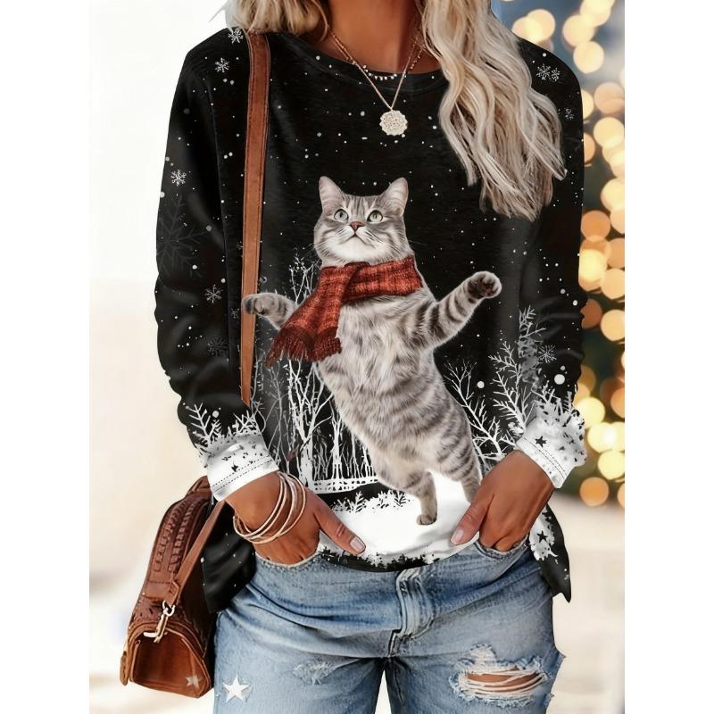 Christmas-themed women's snowflake and kitten print round neck long-sleeved T-shirt, festive black and white casual loose top