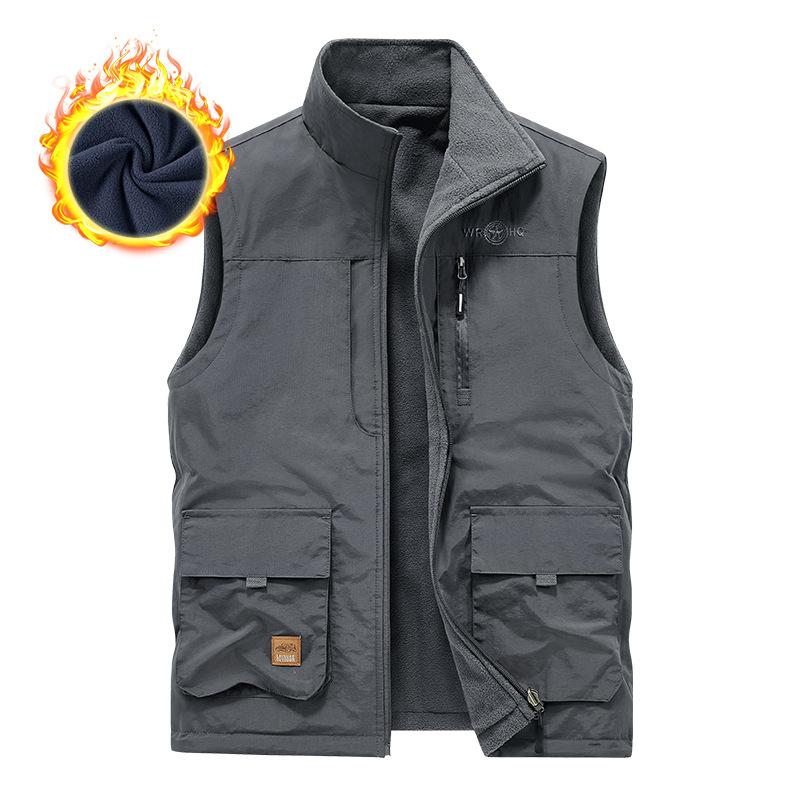 New Men's Casual Plus Velvet Double-sided Vest In Autumn and Winter Multi-bag Photography Vest Outdoor Vest Thermal Jacket