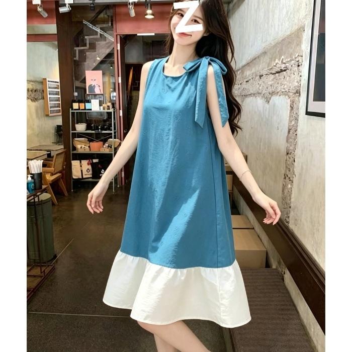 Lazy wind contrasting color fishtail vest skirt round neck unilateral strap loose meat covering small daily casual dress