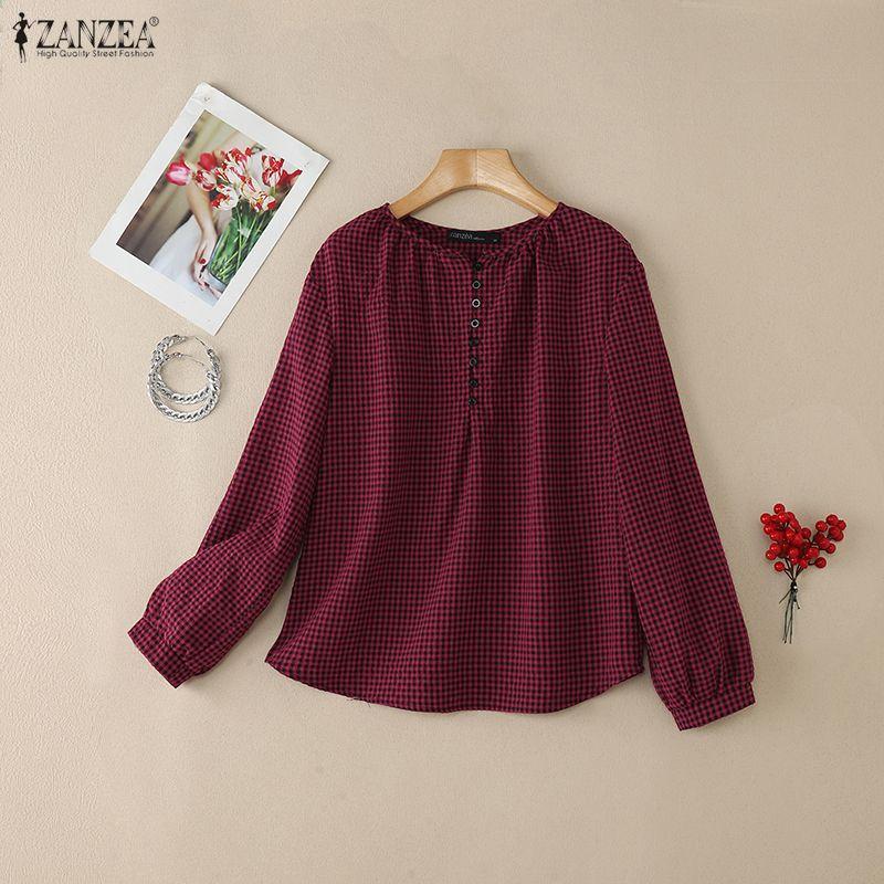 ZANZEA Women Casual Round Neck Long Sleeve Plaid Print Loose Blouse