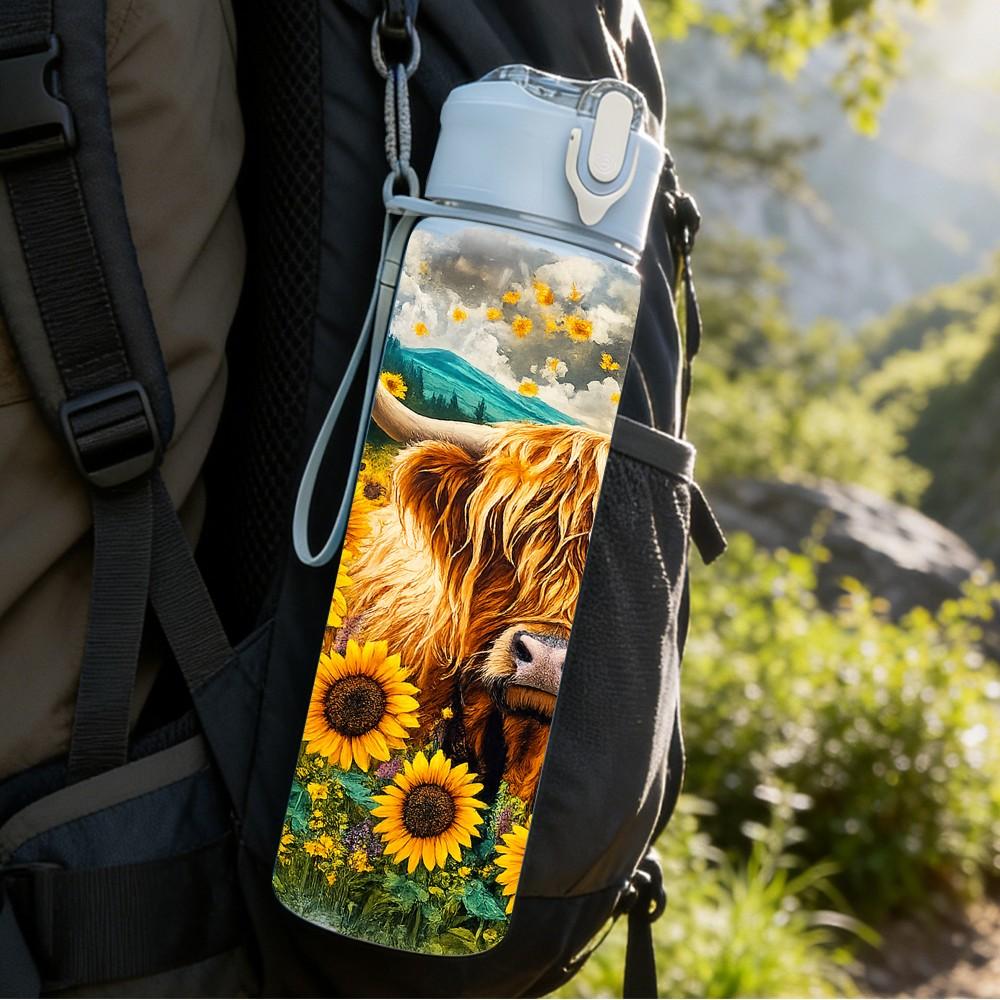 1PC Highland Cow Sunflower Mix Print 750ml Color Plastic Sports Water Bottle Leakproof Flip Straw Lid Suitable for Sports Office Home Use