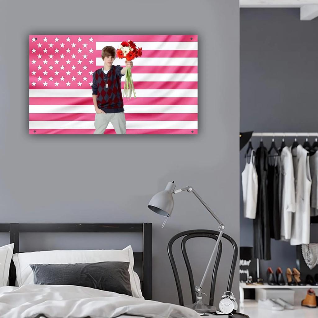 JJustin BBieber Nostalgic Wall Tapestry Young Justin Flag Style Decor Cute Pop Icon Art for Dorm Frat Room Belieber Gift