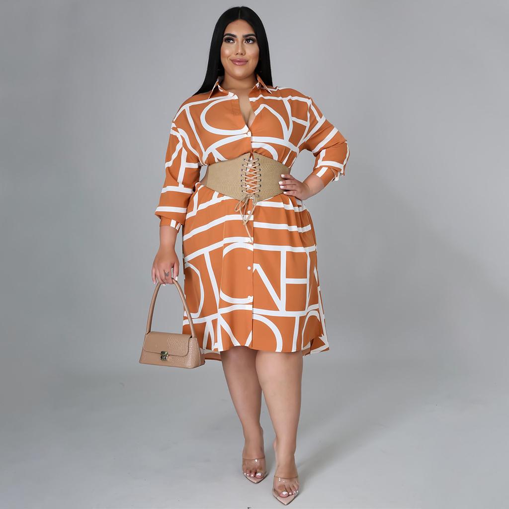 Plus Size Dress Printed Drawstring Waist Shirt Plus Size Dresses for Women