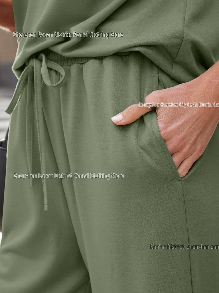 Women's Spring/Summer V-Neck Short Sleeve Buttoned Two-Piece Casual Suit