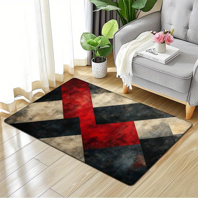 1pc Modern Geometric Flannel Sponge Mat - Non-Slip, Washable Kitchen Floor Mat with Black, White, and Red Geometric Patterns, Pe