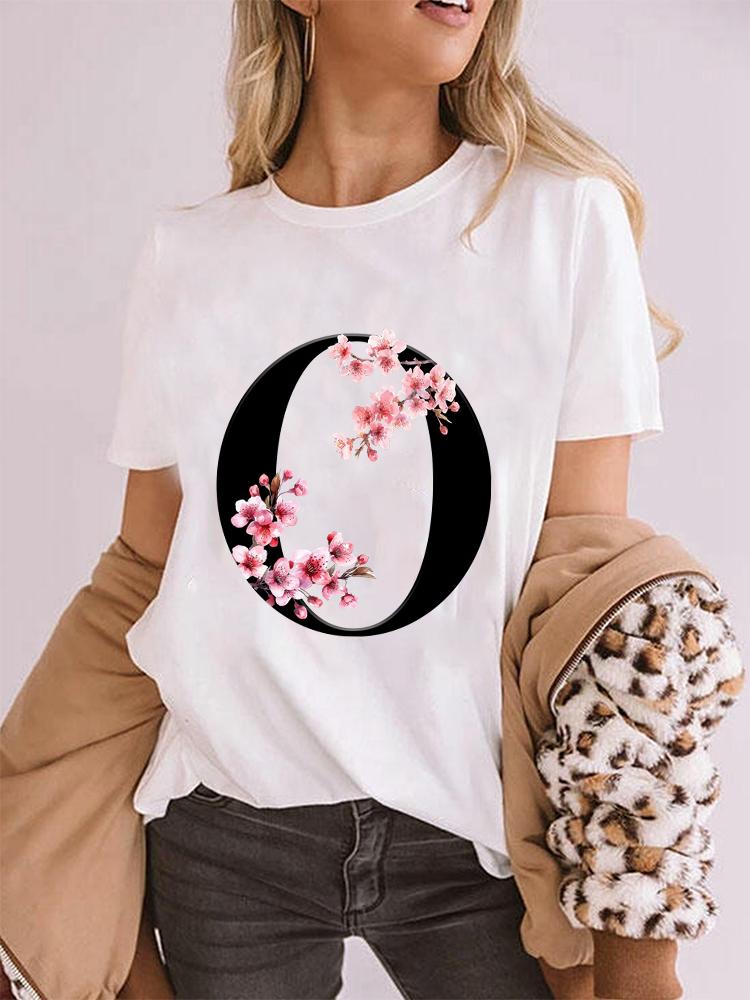 Elegant Cherry Blossom Initial Az Tshirt Unisex Crewneck Floral Letter Graphic Girls Y2k Tops Fashion Mama Birthday Gift Tshirt