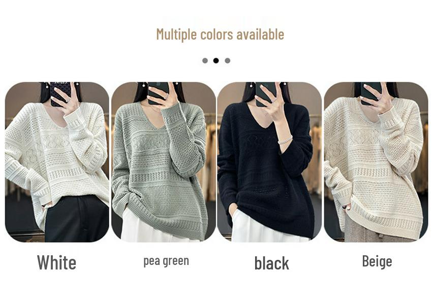 2023 Women's Pure Cashmere V-Neck Knitted Sweater: Loose, Hollow, Autumn/Winter Wool Pullover