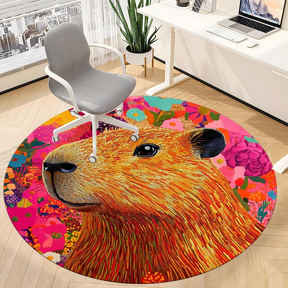 1pc Capybara Print Chair Carpet for Office, Round Non-Slip Durable Large Size Office Carpet, Suitable for Office, Beautiful Decoration