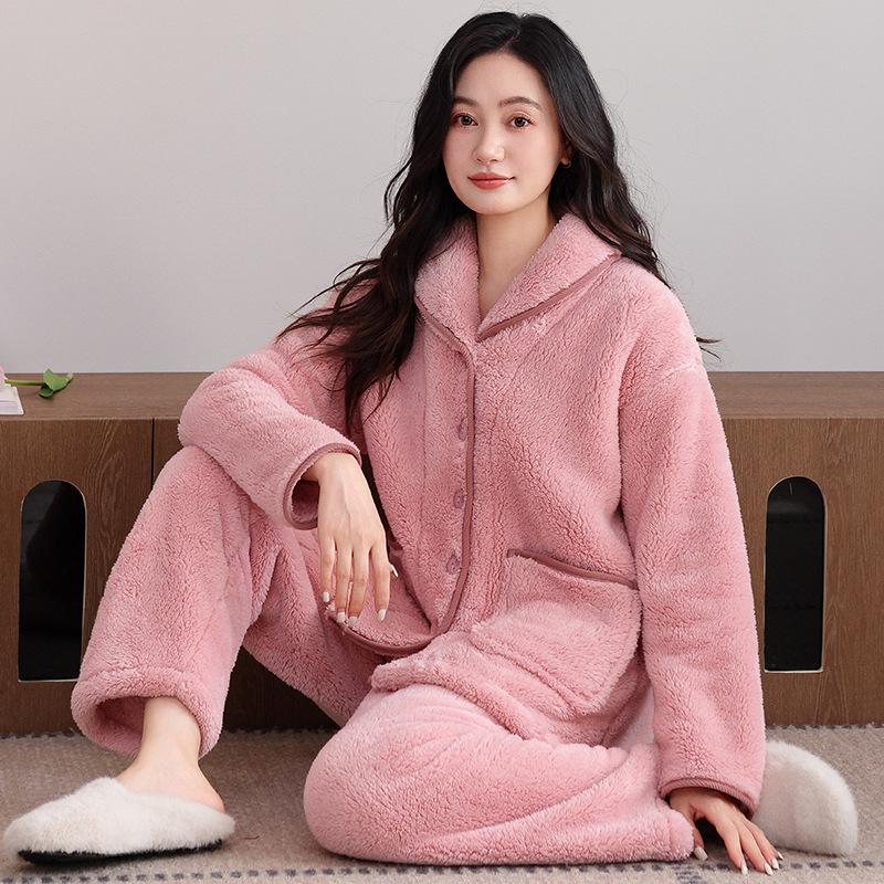 Couple pajamas winter warm coral fleece men's long-sleeved trousers high-end women's flannel loungewear set