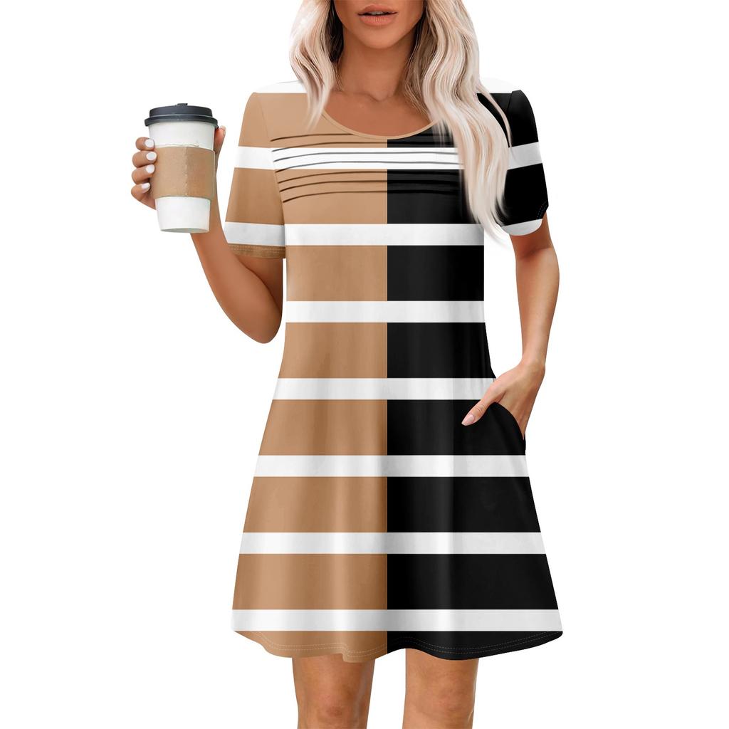 Damen Sommer Casual Rundhals Plissee Mit Taschen Bedruckte Kurzarmkleider