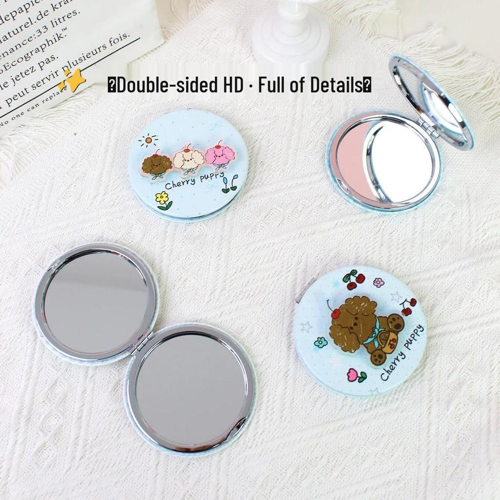 Cherry Dog Cartoon Folding Double-Sided Mini Makeup Mirror - Portable and Perfect for Touch-Ups