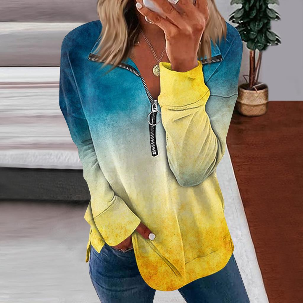 Women's Fashion Long Sleeve Tie  Gradual Print Zipper Hoodie Top