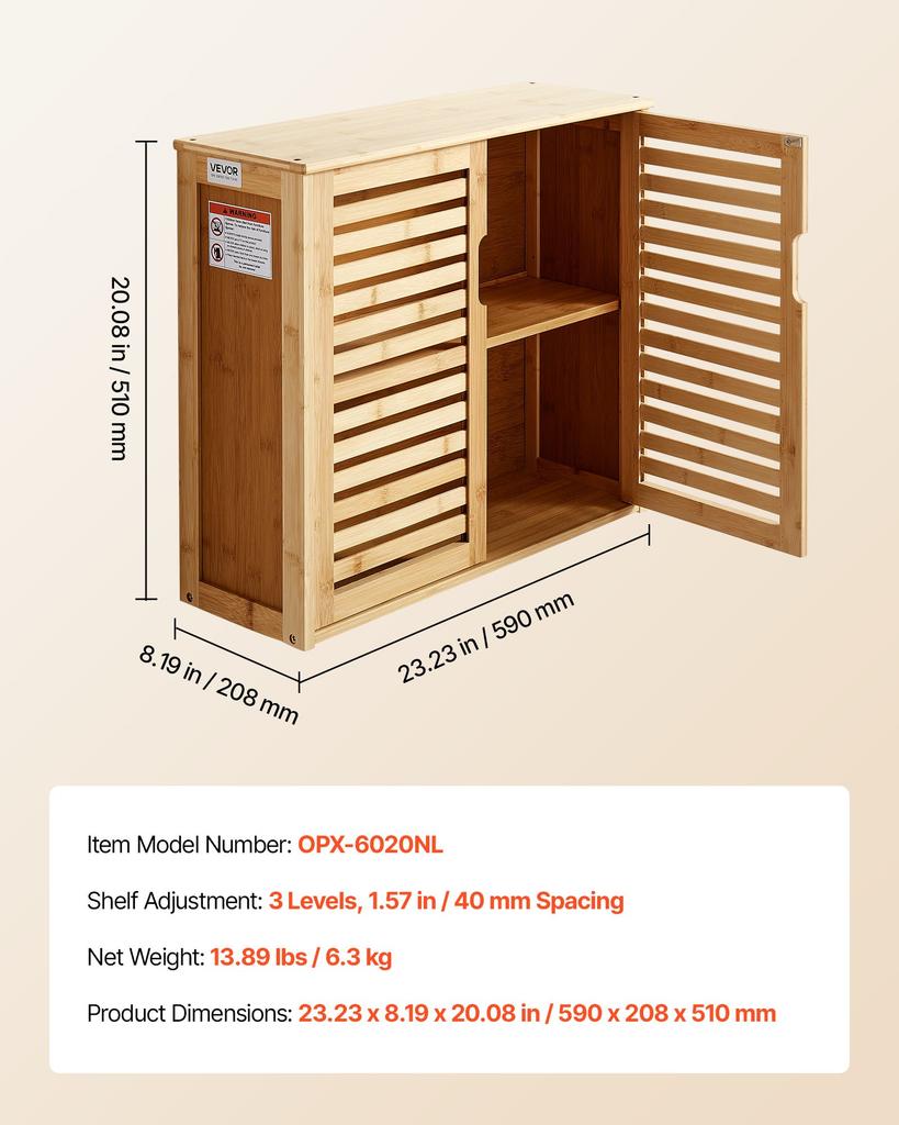 VEVOR Bathroom Wall Cabinet, 2 Doors and Adjustable Shelf with 3 Height Levels, Over the Toilet Storage Medicine Cabinet Wall Mounted