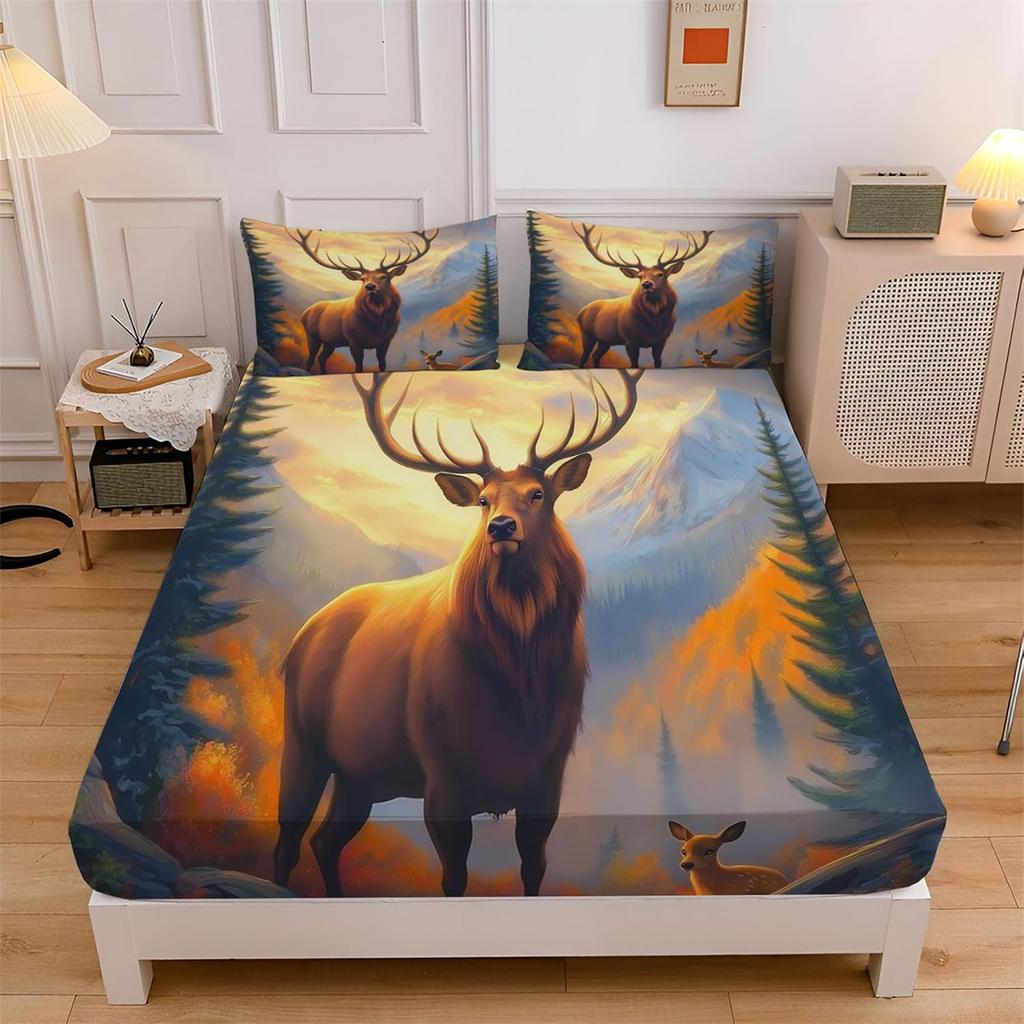 Elk Deer Print Wild Animal Fitted Sheet for Boys Girls Teens, Bed Sheet Set Breathable fitted cover Gift Bed Cover Room Decor