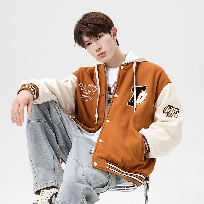 Men's casual fake two-piece hooded jacket men's outdoor sports thickened jacket men's teenagers loose student simple