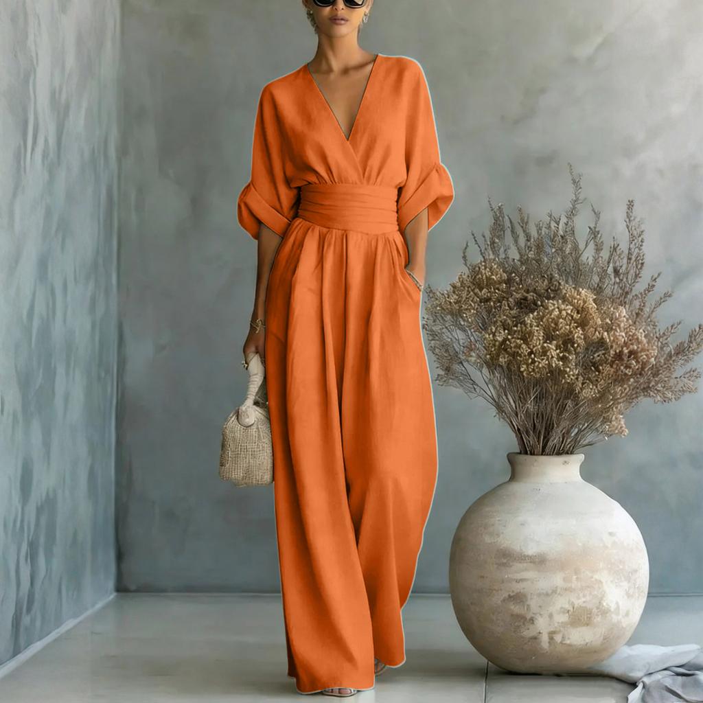 Women’s Wide Leg V Neck Jumpsuit with Waist Detail Elegant Loose Fit One Piece Outfit for Daily and Formal Occasions