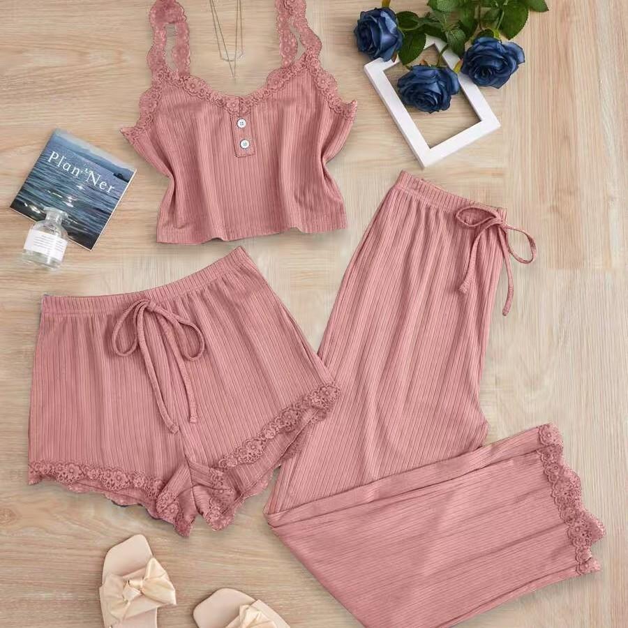 Women's Summer 3PCS Pajama Sets Solid Vest Shorts and Pants Paired with Lace Splicing for Homewear Sexy Sleepwear Sets