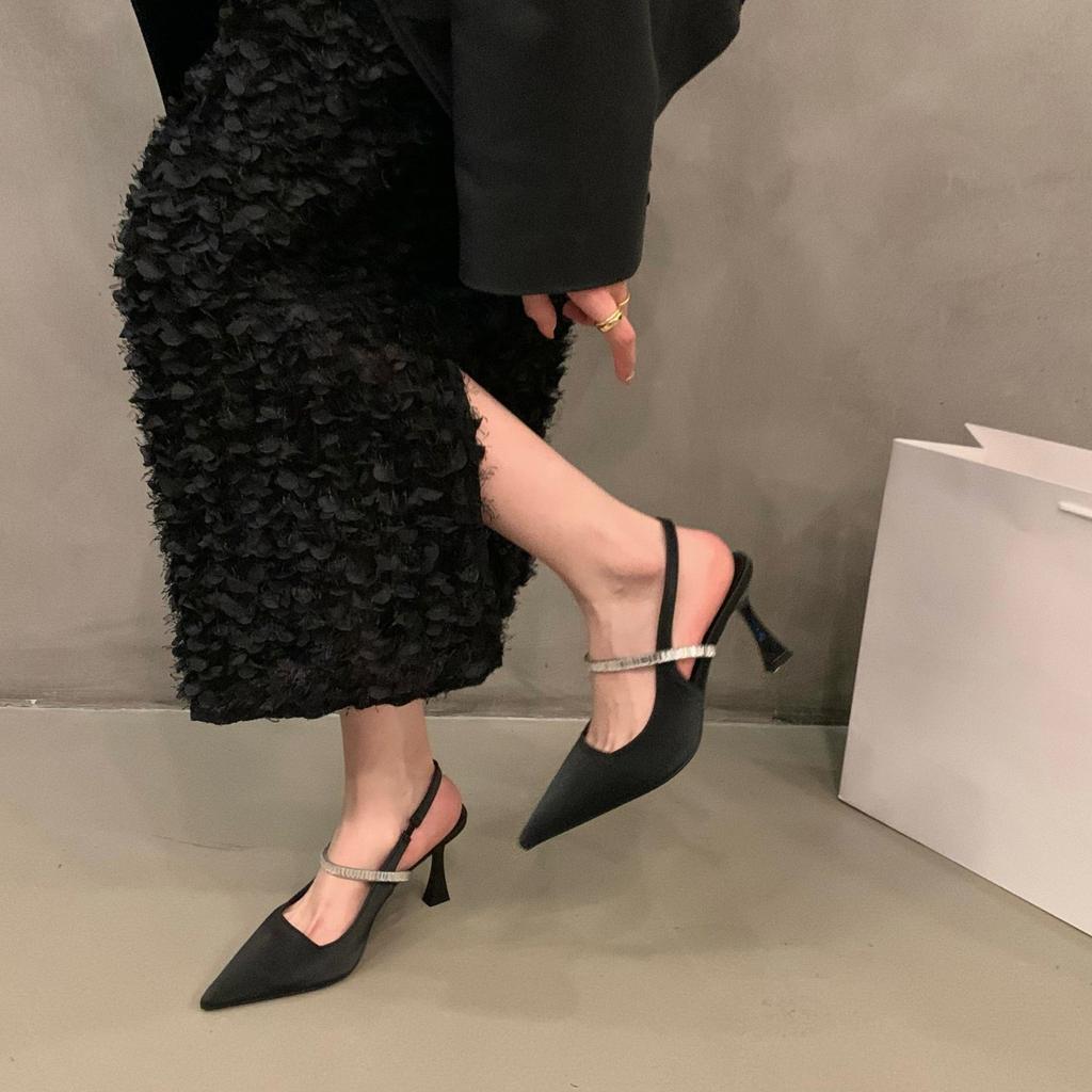 Temperament Celebrity Bag Head Sandals Shoes New Spring and Summer Pointed Single Shoes Black High Heels