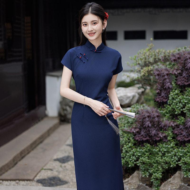 Navy blue Republic of China style new Chinese style Suzhou long cheongsam improved young women's high sense can be worn daily in summer