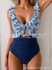 New one-piece swimsuit women's belly V-neck pleated swimsuit, thin hollow flying edge swimsuit