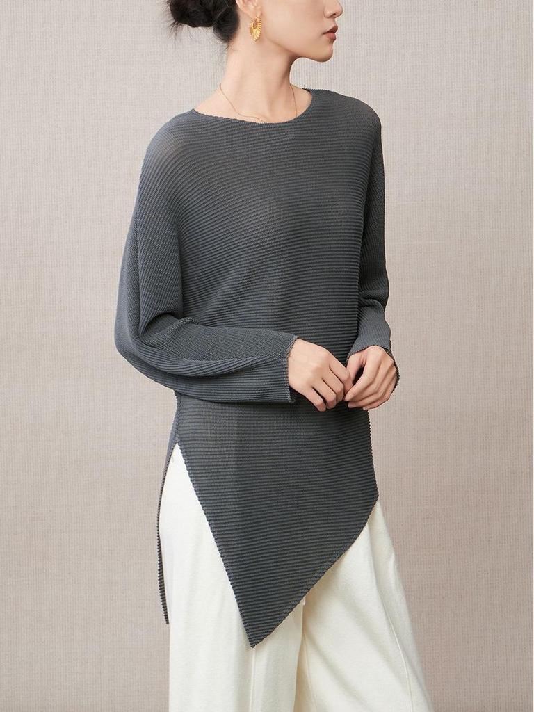 Women's Irregular Long-Sleeve T-Shirt - 2025 Autumn Style, Loose Fit, Slimming, Split & Pleated Base Layer.