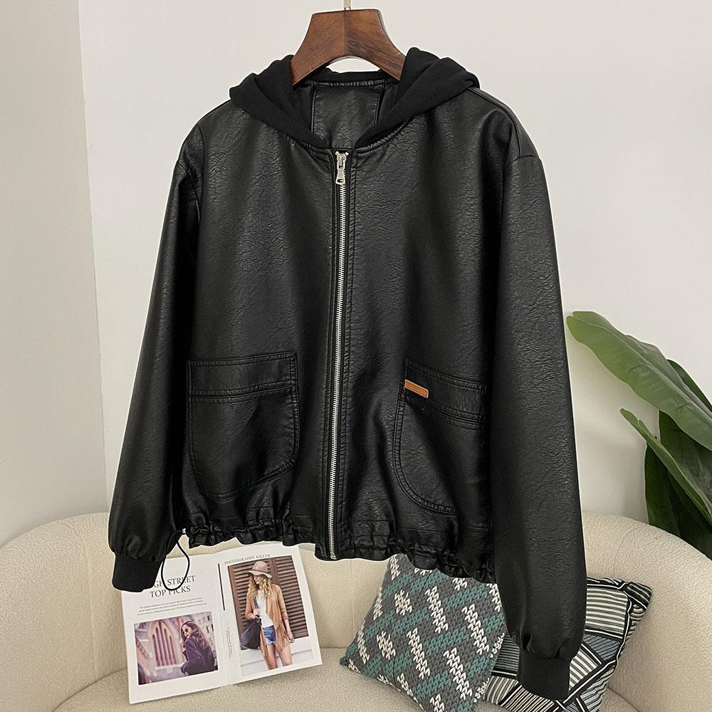 OFTBUY Damen Kapuzenjacke Vintage Locker Pu Kunstleder Hut Kurze Jacke Lässig Motorradjacke Damen Reißverschluss Retro Moto Biker Mantel Oberbekleidung Tops