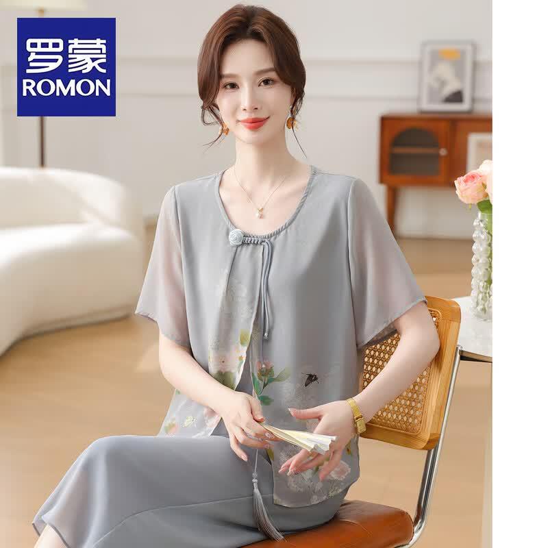 ROMON Women s Plus Size Chiffon Summer T-shirt & Top Set 4XL