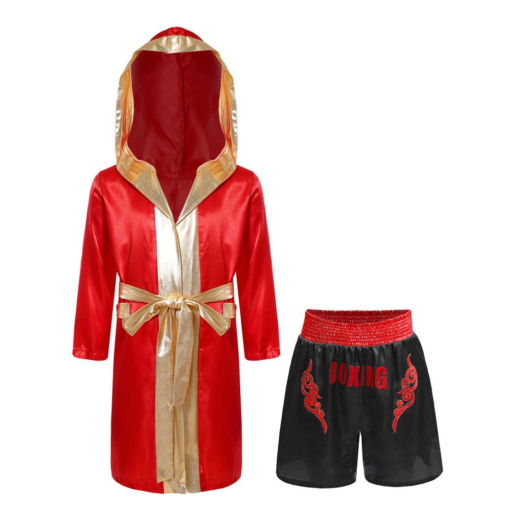 Conjunto de Fantasia de Boxe Infantil Robe de Cetim com Capuz e Cinto & Shorts de Paetês Acabamento Metálico Estampa de Letras
