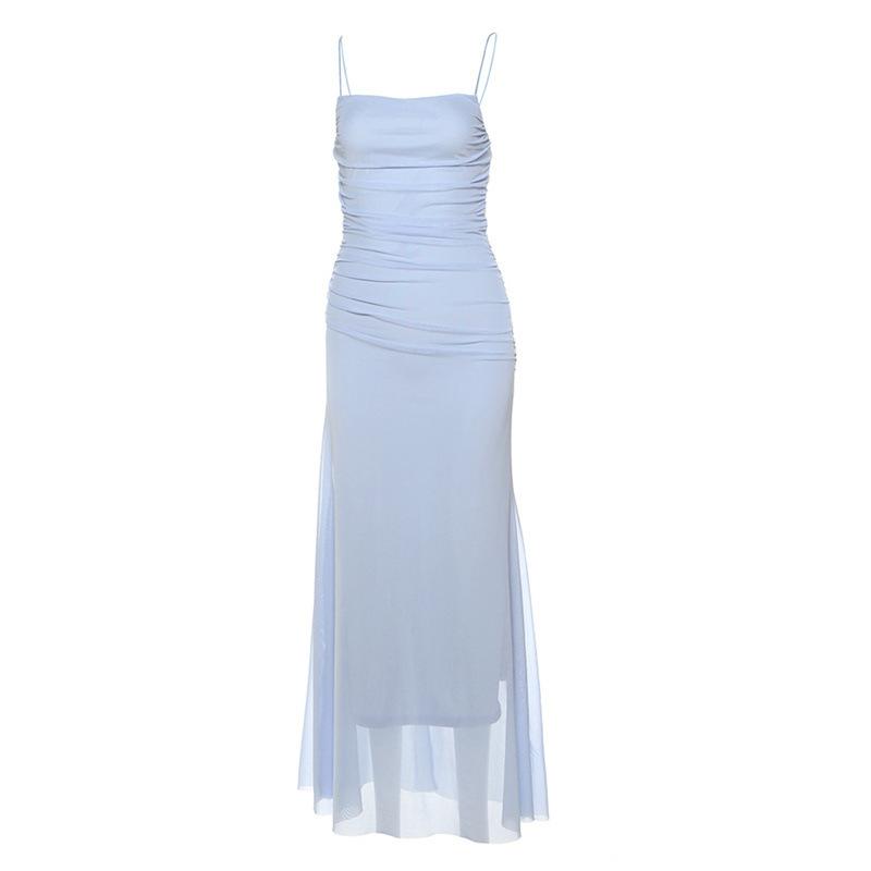 2026 European and American style summer new women's clothing solid color slim fit high waist fashion one-word collar suspender dress women