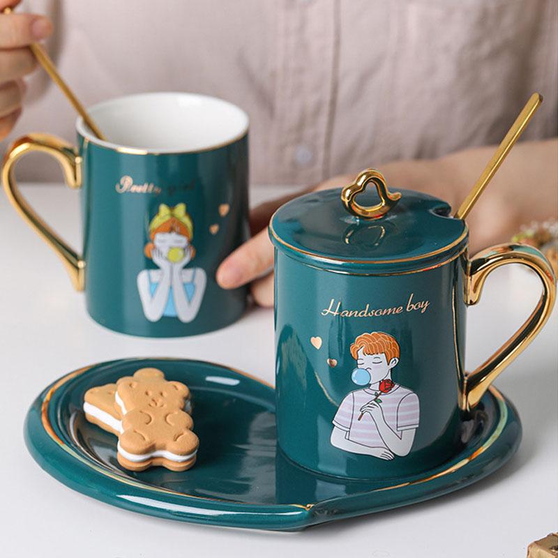 A Pair Of Ceramic Coffee Mugs Set With Tray And Spoons For Wedding Engagement Or Couples Anniversary Valentines Christmas Gifts