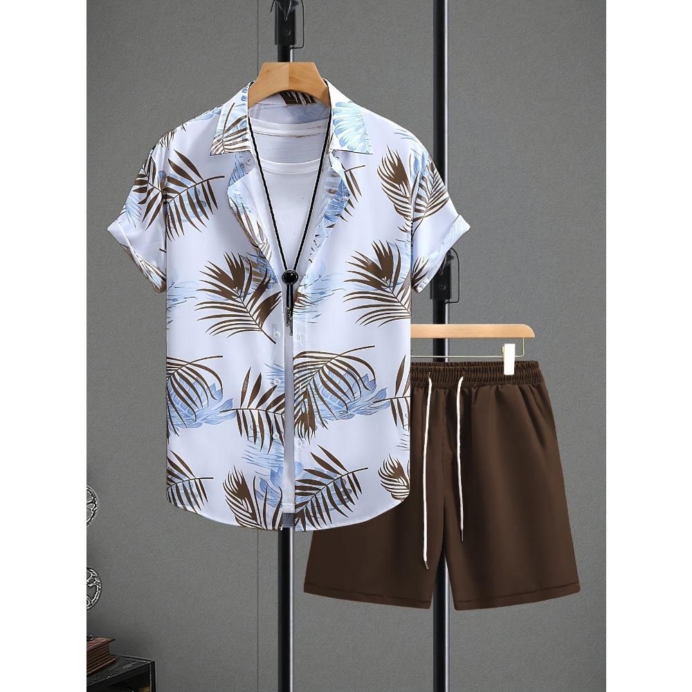 2 Stück Sommer Herren Tropische Stranddrucke Shorts & Hemden Set Kordelzug Taille Strandbekleidung Tropischer Druck Asiatische Größe Mode