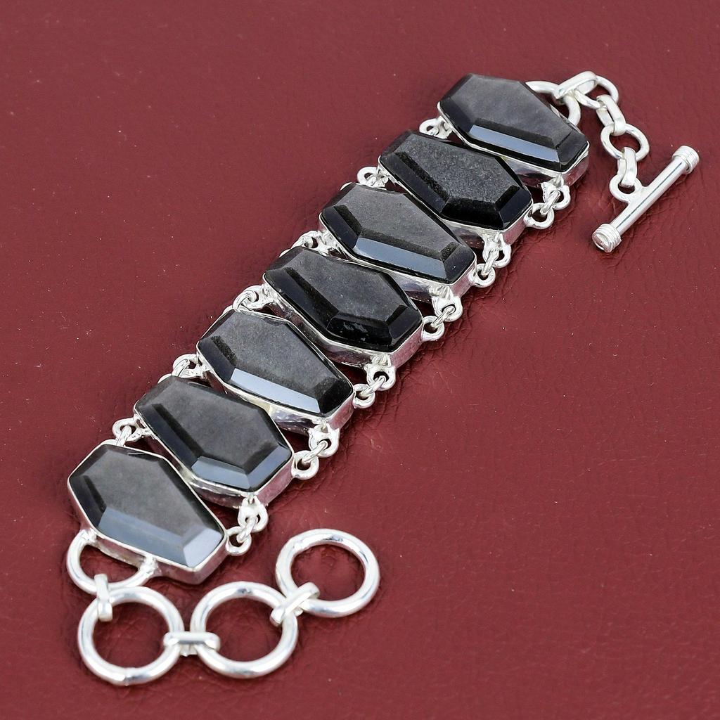 Faceted silver sheen obsidian bracelet gemstone jewelry 925 sterling silver bracelet adjustable chain bracelet handmade bracelet for gifts