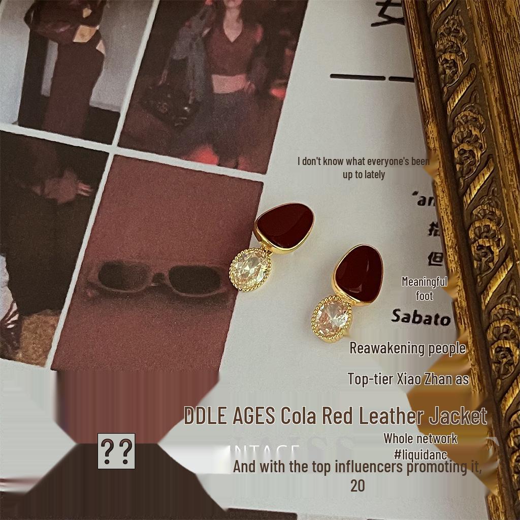 Boucles d'oreilles pendantes vintage en émail rouge bordeaux - Clous de style rétro français