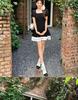 2026 Summer Black Swan Color Block A-line Little Black Dress with Short Sleeves - Hepburn Style