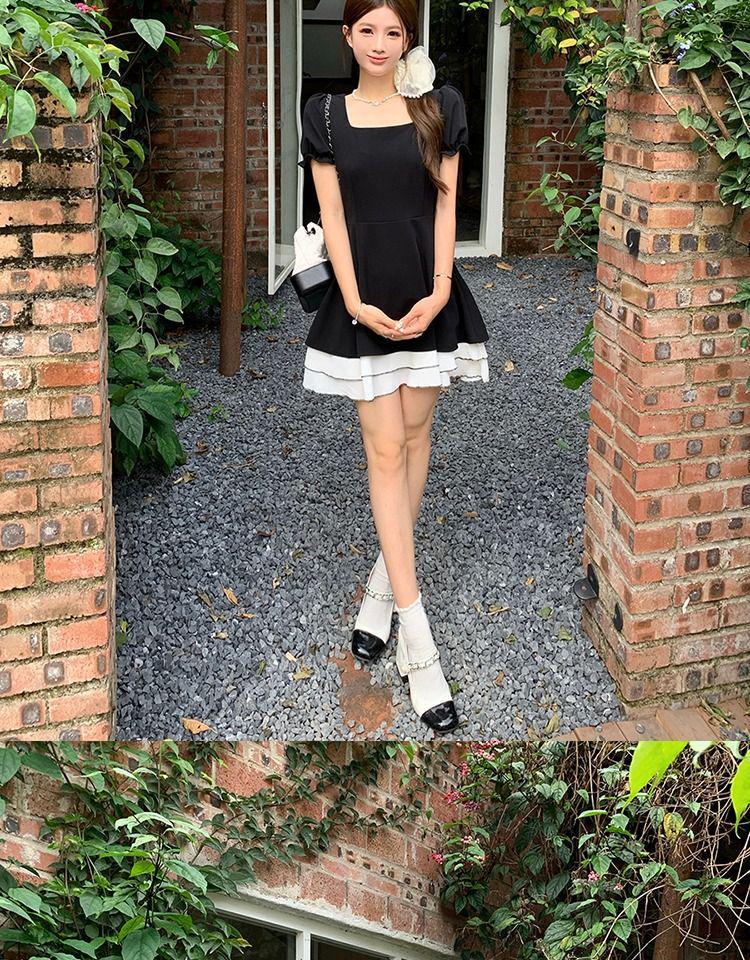 2026 Summer Black Swan Color Block A-line Little Black Dress with Short Sleeves - Hepburn Style