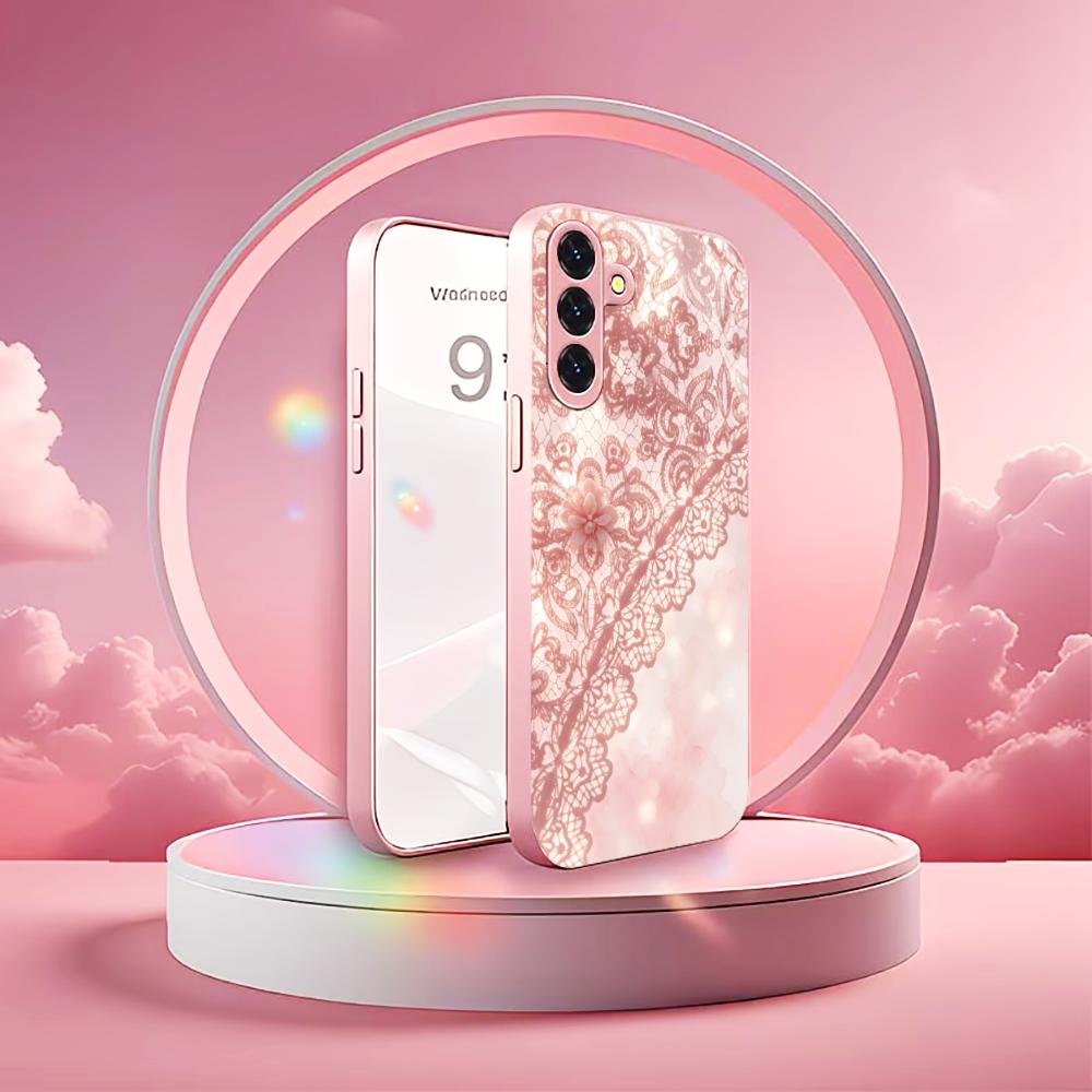 Exquisite Pink lace pattern phone case s26 ultra case quad lock glass for Samsung Galaxy S26 S25 S24 S23 S22 FE,Ultra,Plus
