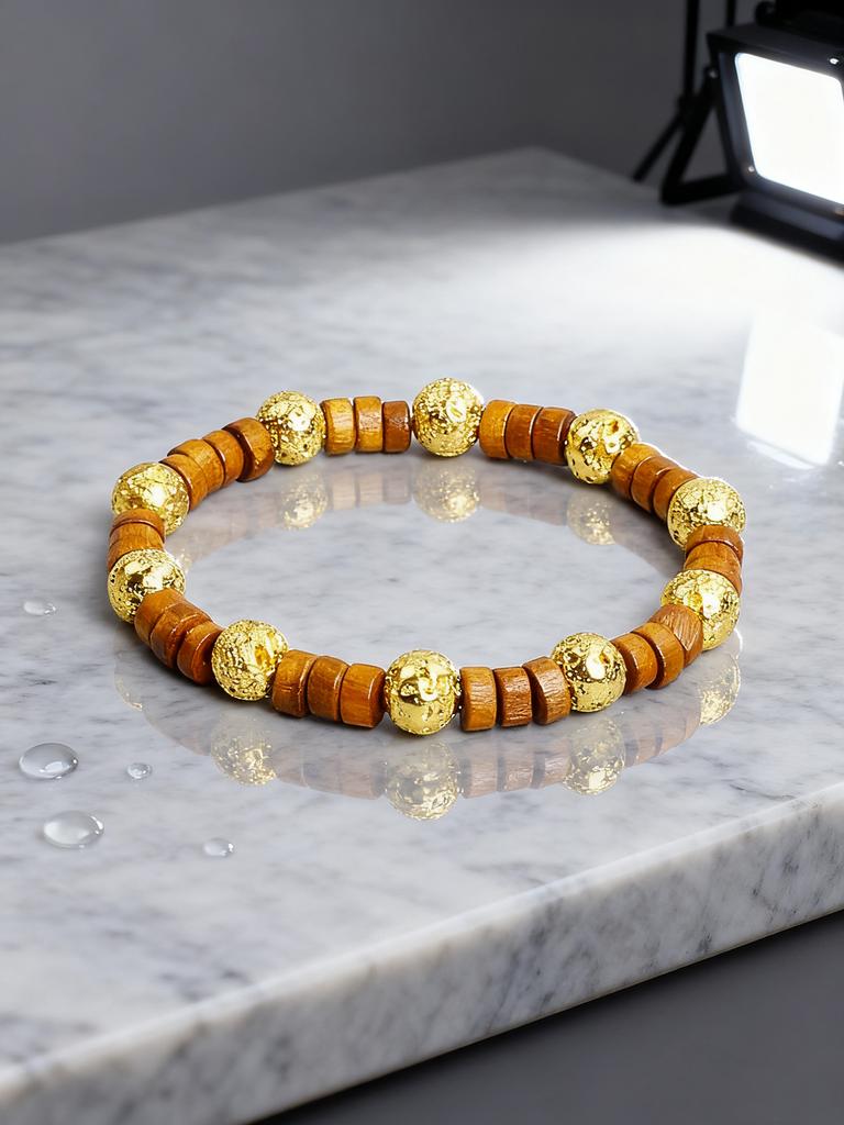 Retro Style Gold color Volcanic Lava Stone Beaded Bracelet Brown Wood Beads Energy Reiki Charm Grounding Protection Jewelry Gift
