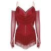 Womens Sparkling Tassel Dancewear Mesh Draped Leotard Rhinestone Fringed Bodysuit Adjustable Strap Gymnastics Outfit