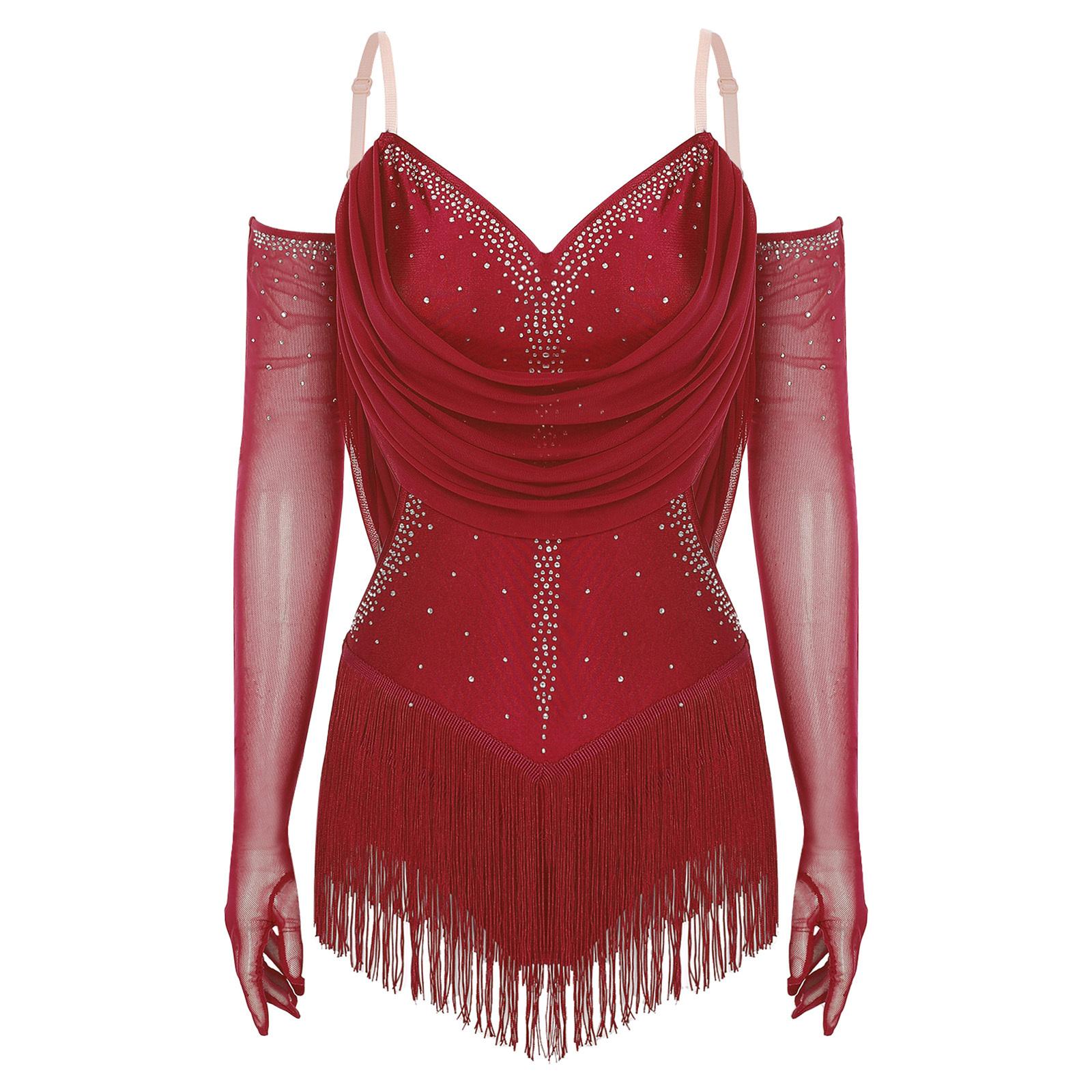 

Womens Sparkling Tassel Dancewear Mesh Draped Leotard Rhinestone Fringed Bodysuit Adjustable Strap Gymnastics Outfit S червоний