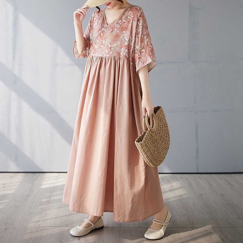 Cotton and Linen Summer Patchwork Retro Style Dress Long Skirt