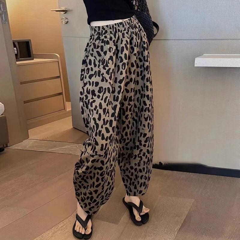 Pantaloni de vară pentru femei, mărime plus, pantaloni de pijama largi, leopard, versatili, casual, cu talie înaltă