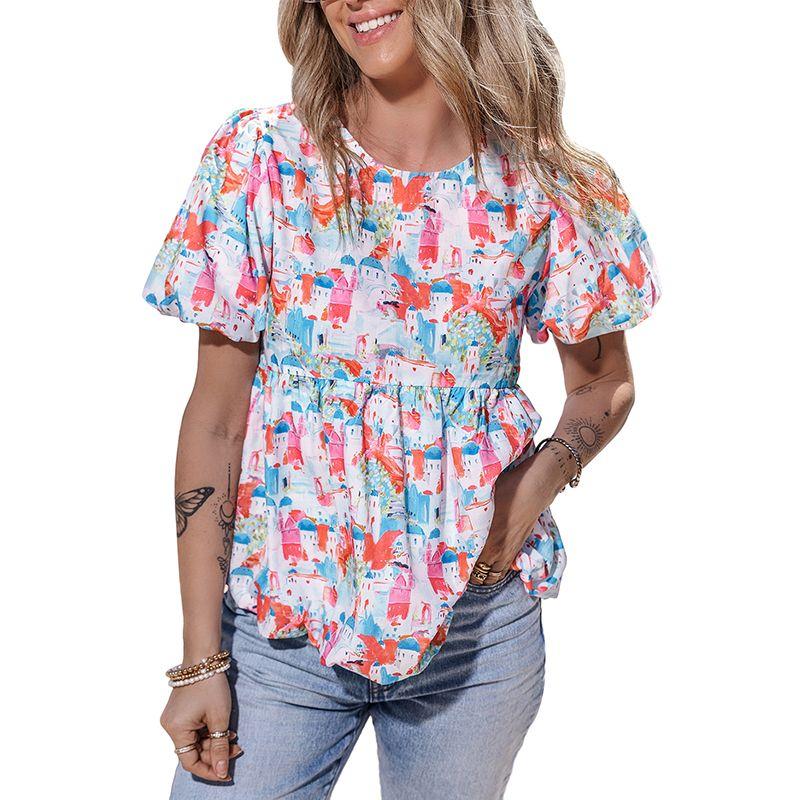 

Fashion Fashion Cute Age-Reducing Puff Sleeves Chiffon Shirt for Women 2025 Summer New Arrival Color-Block Crew Neck Short Sleeve Tops for Women Light blue S code fits (45.00 kg-55.00 kg