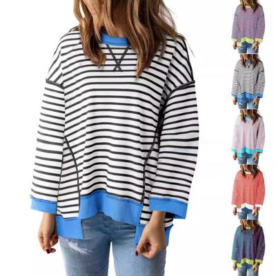 Jesień Zima Bluza Prosta Domowa Rekreacja Nowy Wzór w Paski Okrągły Dekolt Modna z Długim Rękawem Bluza z Kapturem Color Blocked T-shirt Pulower