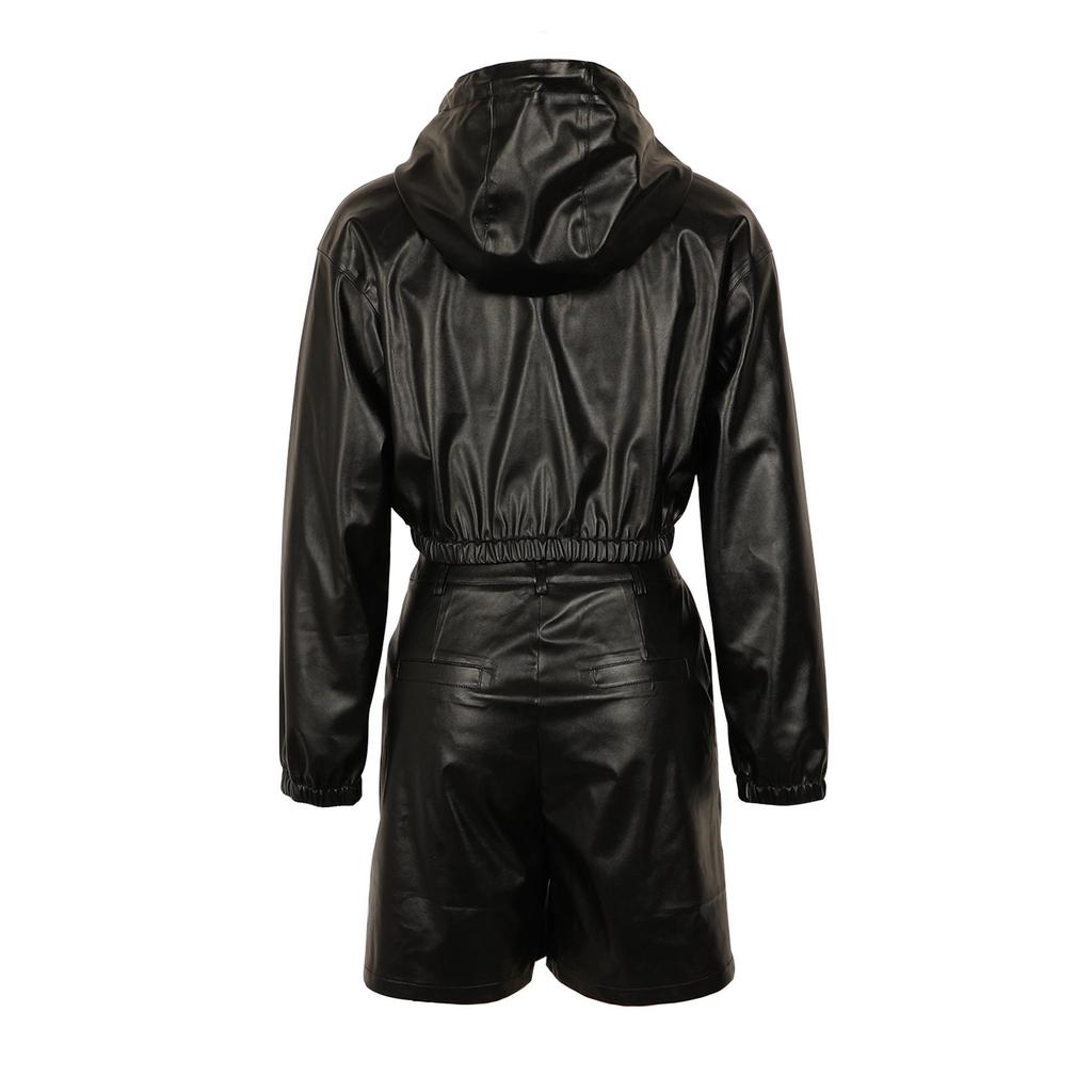 Women's European Hooded Leather Jacket & Shorts Set - Long Sleeve Casual Autumn/Winter Fashion Outerwear.