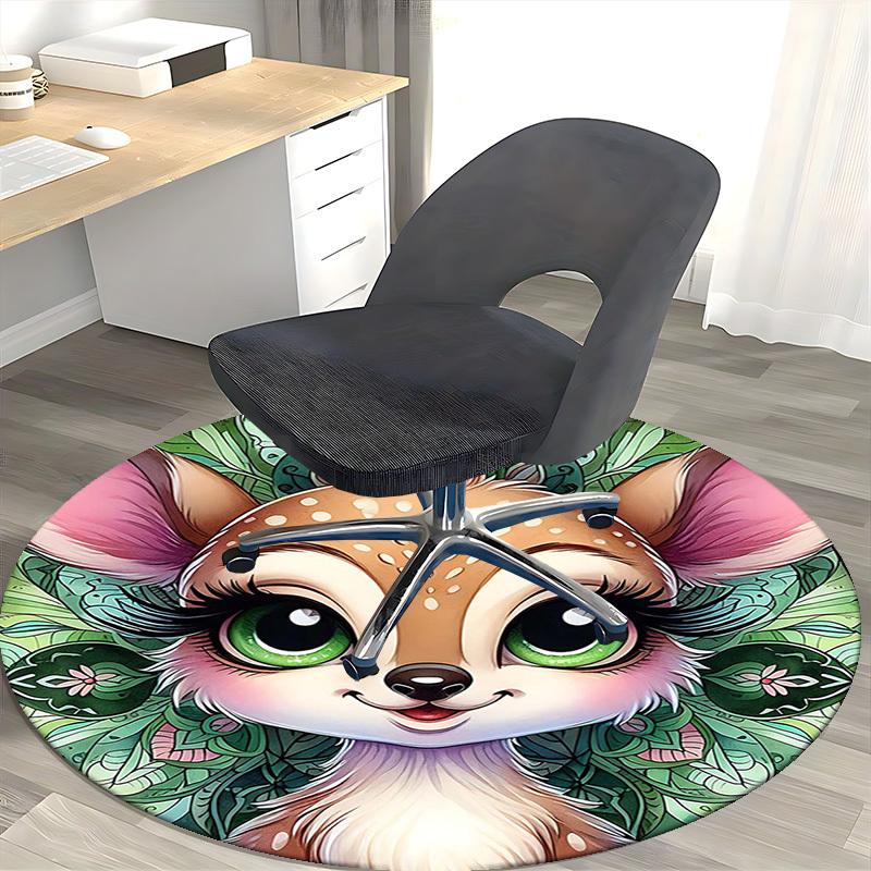 1pc Anime Inspired Forest Creature with Floral Mandala Round Carpet Office Chair Mat, Non Slip Rug for Home Decor, All Seasons