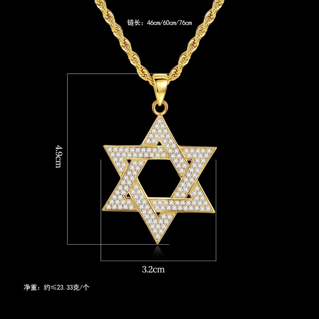 Hip Hop Men Gold Color Plated Jewelry Micro Pave Iced Out Cz Stone Star of David Pendant Hexagram Israel Judaism Necklaces