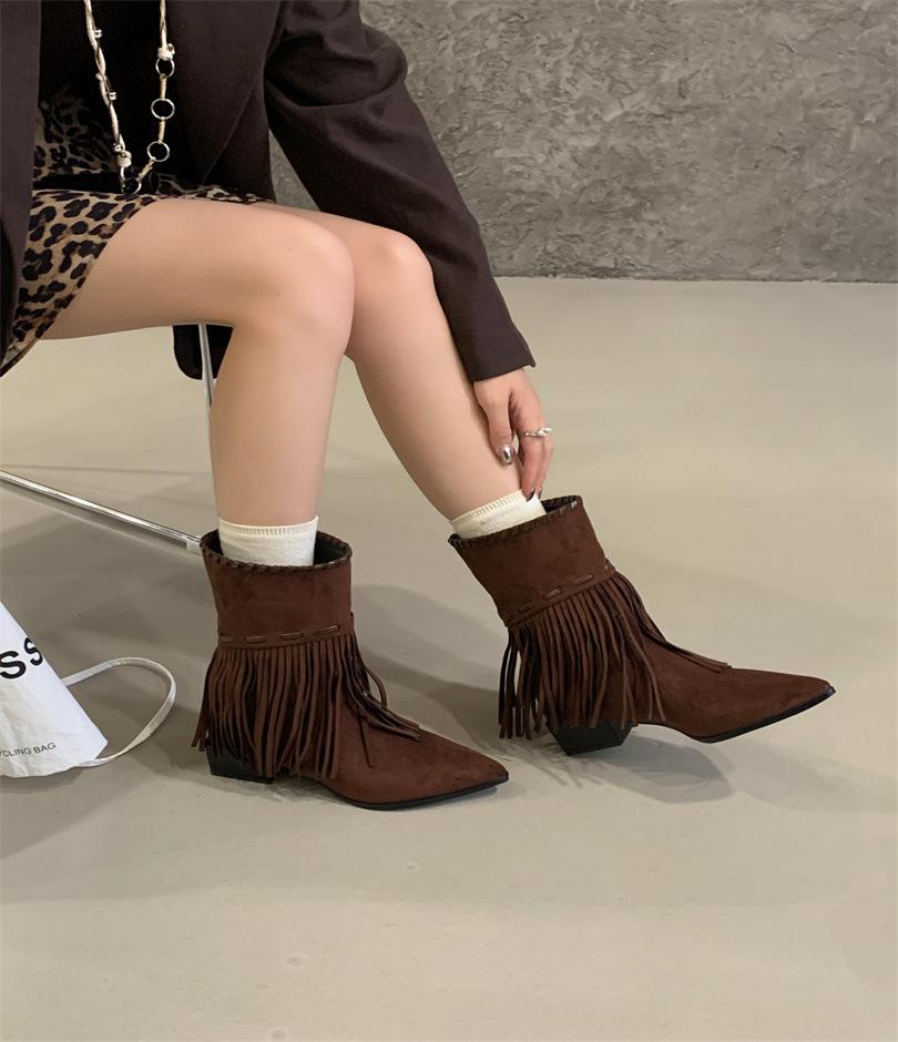 European and American wind slope heel pointed tassel high heel short boots