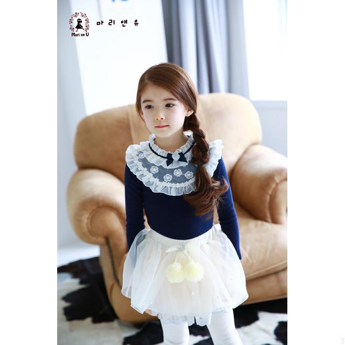 Girls' Spring & Autumn Korean Style Lace Beaded T-Shirt Top