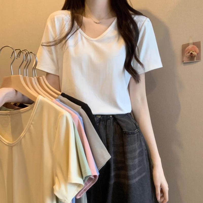 Simple and fashionable bottoming shirt U-neck front shoulder T-shirt women's short-sleeved white top spring and summer loose and casual